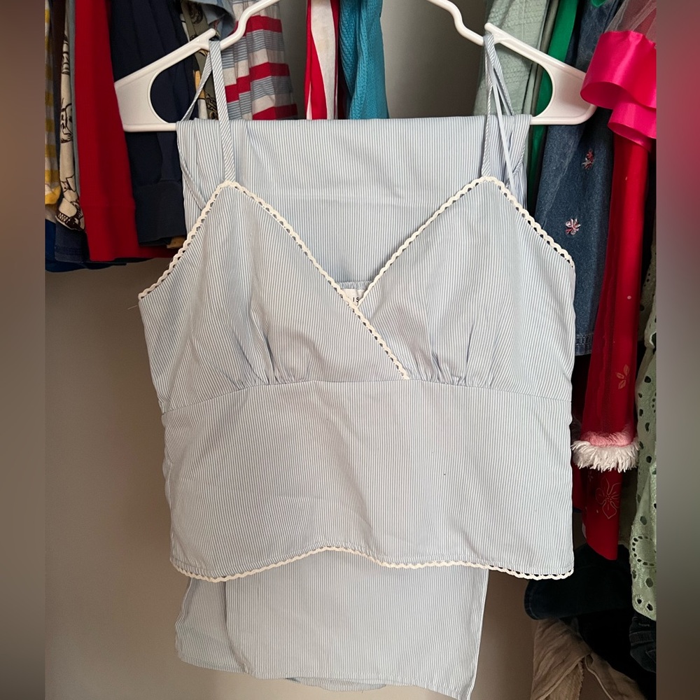 Blue Striped Spaghetti Strap Top and Skirt Set